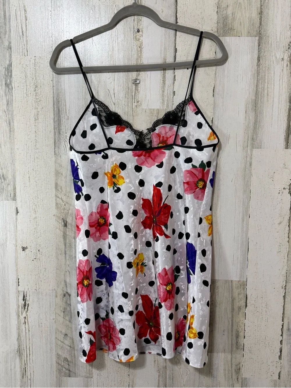 Floral Polka Dot Satin Chemise & Robe Set - White with Multicolor Flowers
